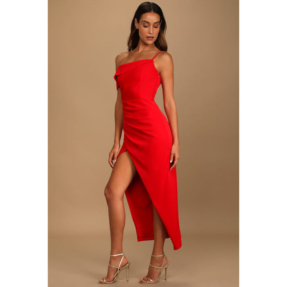 Lulus Showing Off A Little Red Asymmetrical Tulip Midi Dress - Size M